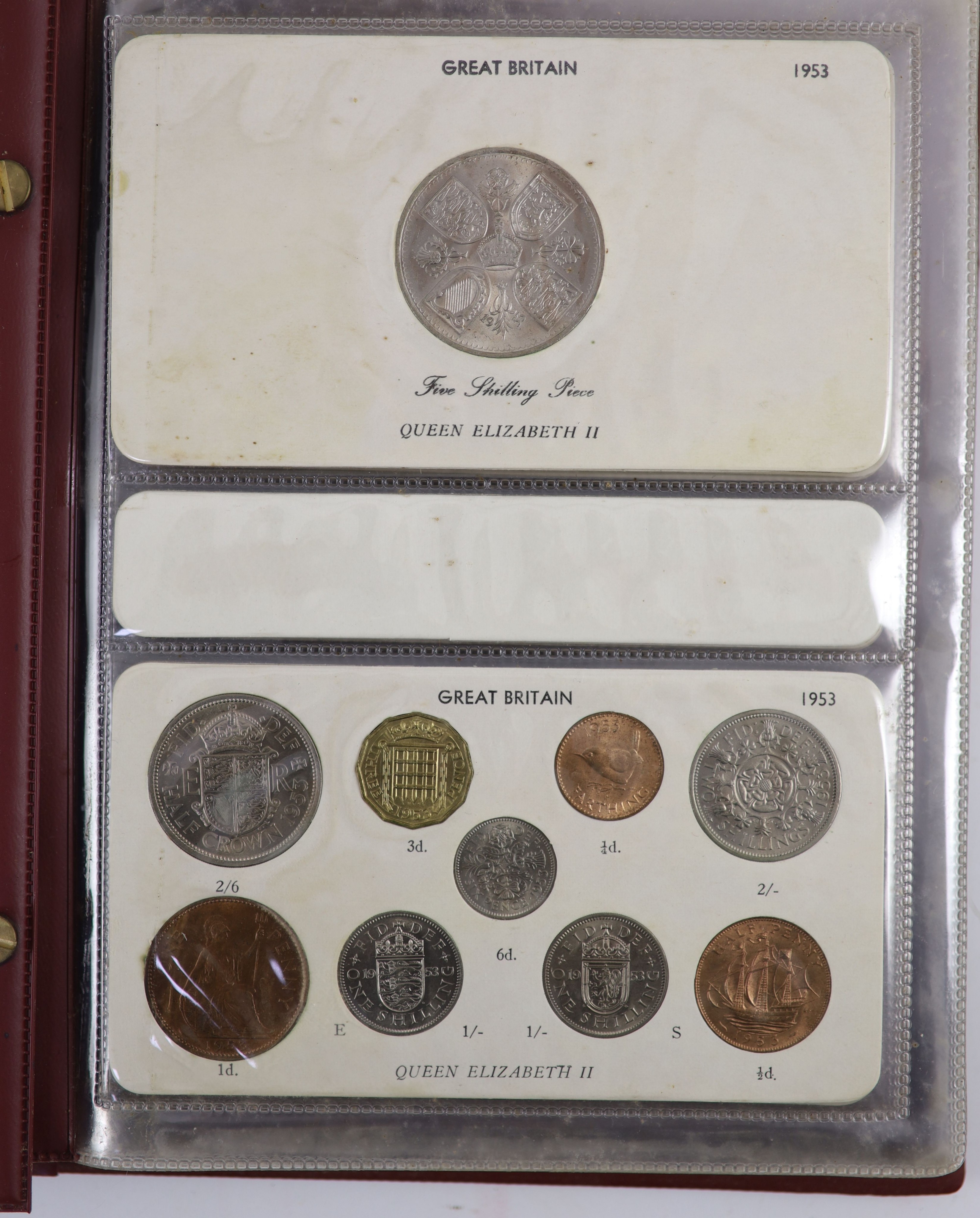 Queen Elizabeth II pre-decimal specimen coin sets for 1953 - 1967, first and second issues, all EF/UNC (15 sets), including 1954, 1957-1959 halfcrowns, florins and shillings, scarce in high grade